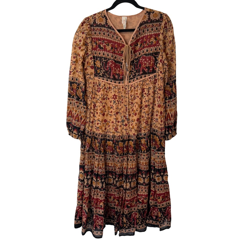 Raga Womens Advika Midi Dress Small Peach Bohemian Elephant Print Tiered
